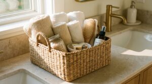 scopri questo cesto intrecciato super economico da action, meno di 3 €, che trasforma il disordine nel bagno in ordine perfetto. soluzione pratica ed elegante!